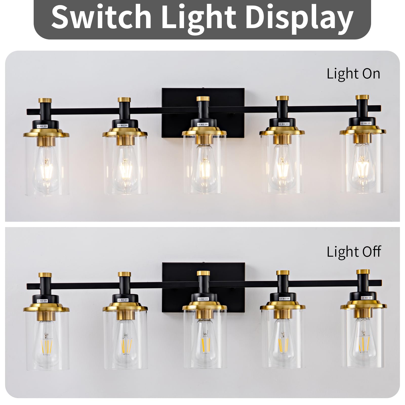 Aixialin 5-Lights Bathroom Light Fixtures, Gold And Black Bathroom Vanity Light Over Mirror, Brushed Gold Bathroom Light Fixture