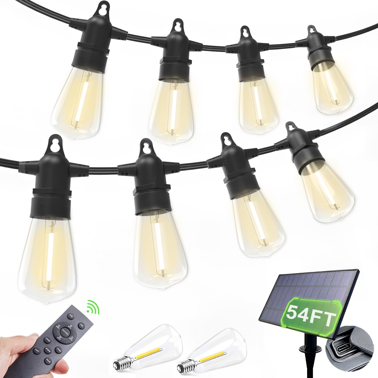 54(48+6) FT Solar String Lights Outdoor Waterproof with ST38 Shatterproof Bulbs, Solar Powered Remote Control, Dimmable & Timabl