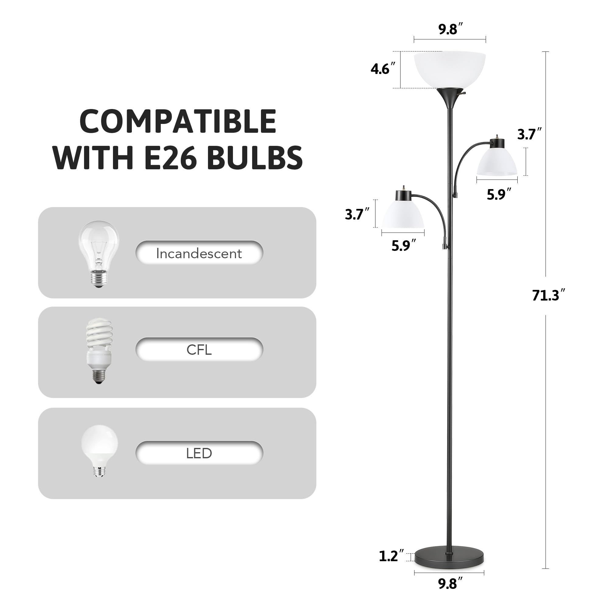 Vonluce 71'' Floor Lamp, Standing Lamp With Adjustable Reading Lights & 3 Bulbs, Modern Torchiere Floor Lamp With 3 Color Temper