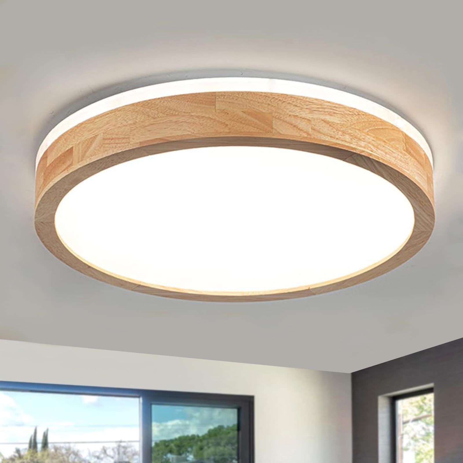 Pevfah Modern Dimmable Wood Flush Mount Ceiling Light  2700K-6000K 5Cct Round Close To Ceiling Lighting Fixtures  Minimalist Led Ceiling Lamp For Bedroom  Kitchen  Hallway  Laundry Room-11.81In