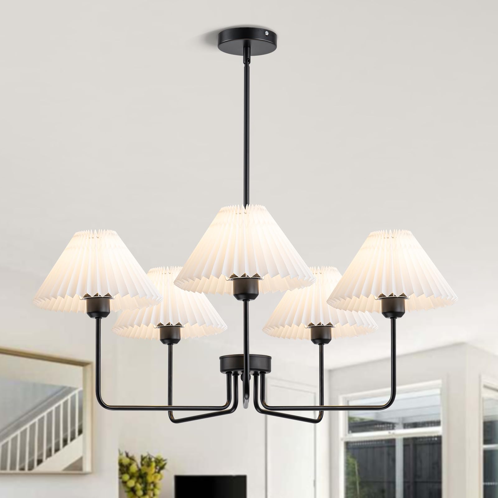 FIYUEOYI 5-Light Black Chandeliers, Modern Chandelier with White Pleated Fabric Shades, Dining Room Light Fixtures for Living Ro