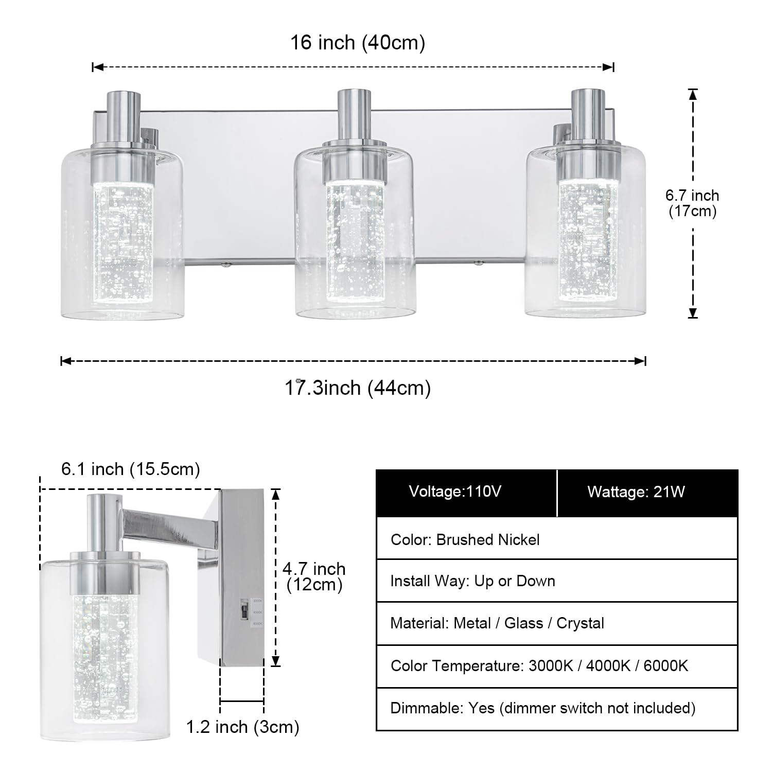 SineRise Vanity Light 3-Light Dimmable LED Fixture with 3 Color Modes, Chrome, Metal, Model S0028