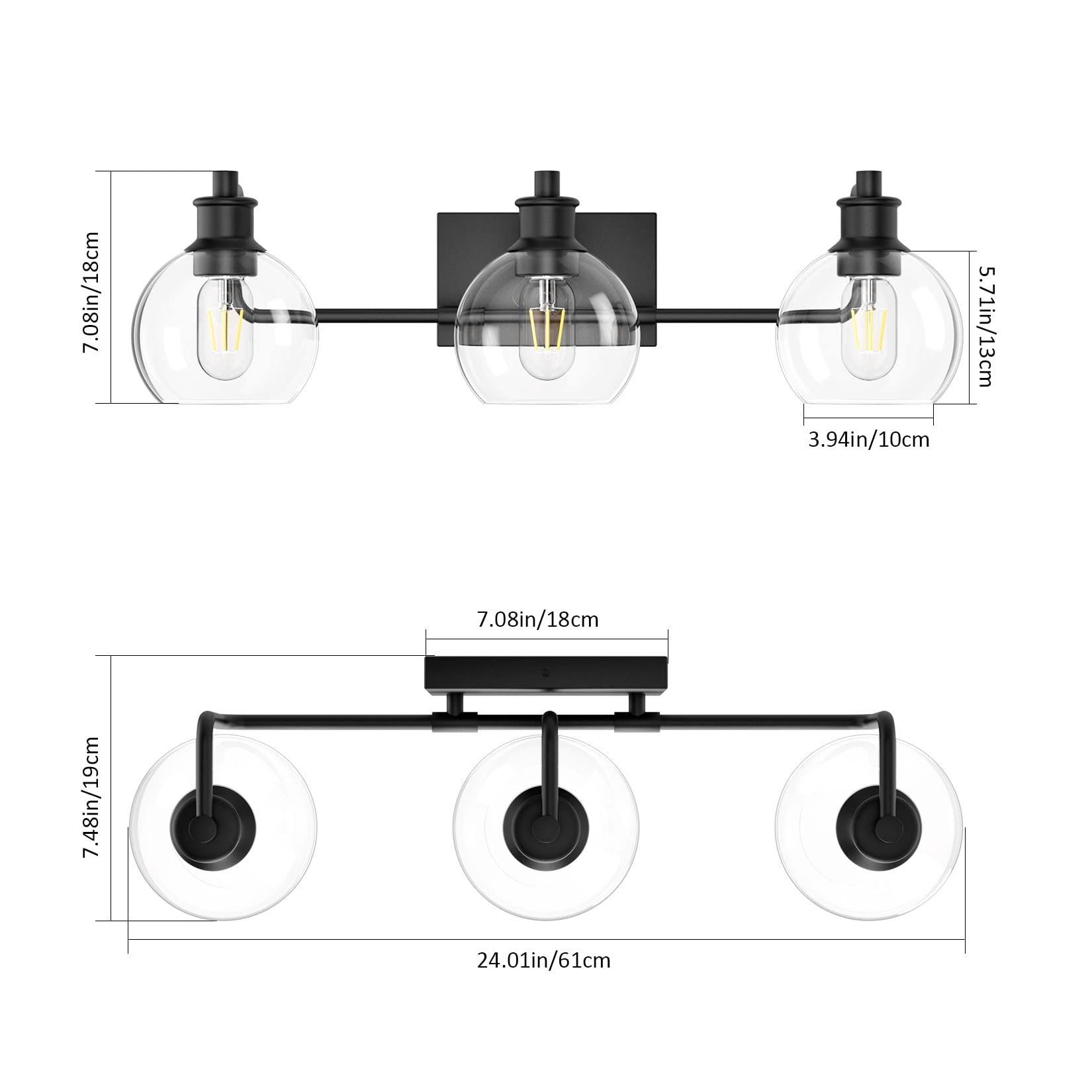 Tipace Black Vintage Bathroom Vanity Light Fixture, 3-Light Industrial Design, Metal, Model L-7493-1, Excludes Bulb