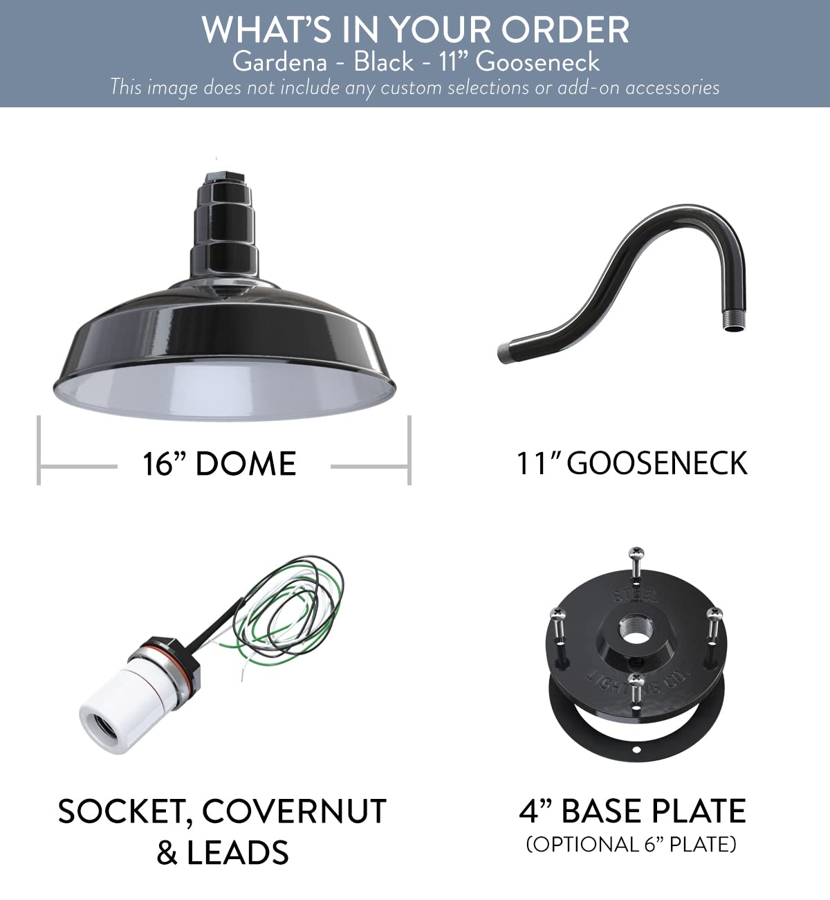 Steel Lighting Co. Gardena Barn Light - 16 Outdoor Wall Mount, 11 Gooseneck, Black Porcelain Finish, Farmhouse Style, Made In America