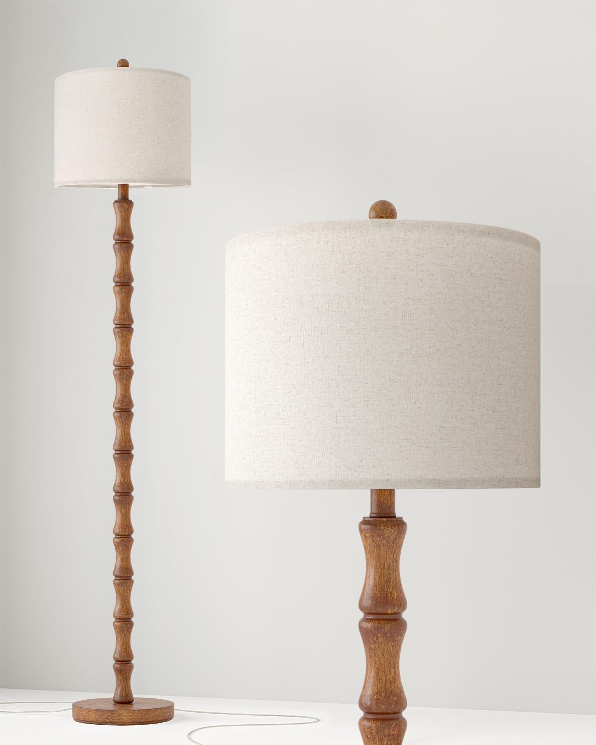 BOBOMOMO Rustic Floor Lamp 62" Light Walnut Resin, Retro Farmhouse Style, Model AMZ-F1241AT