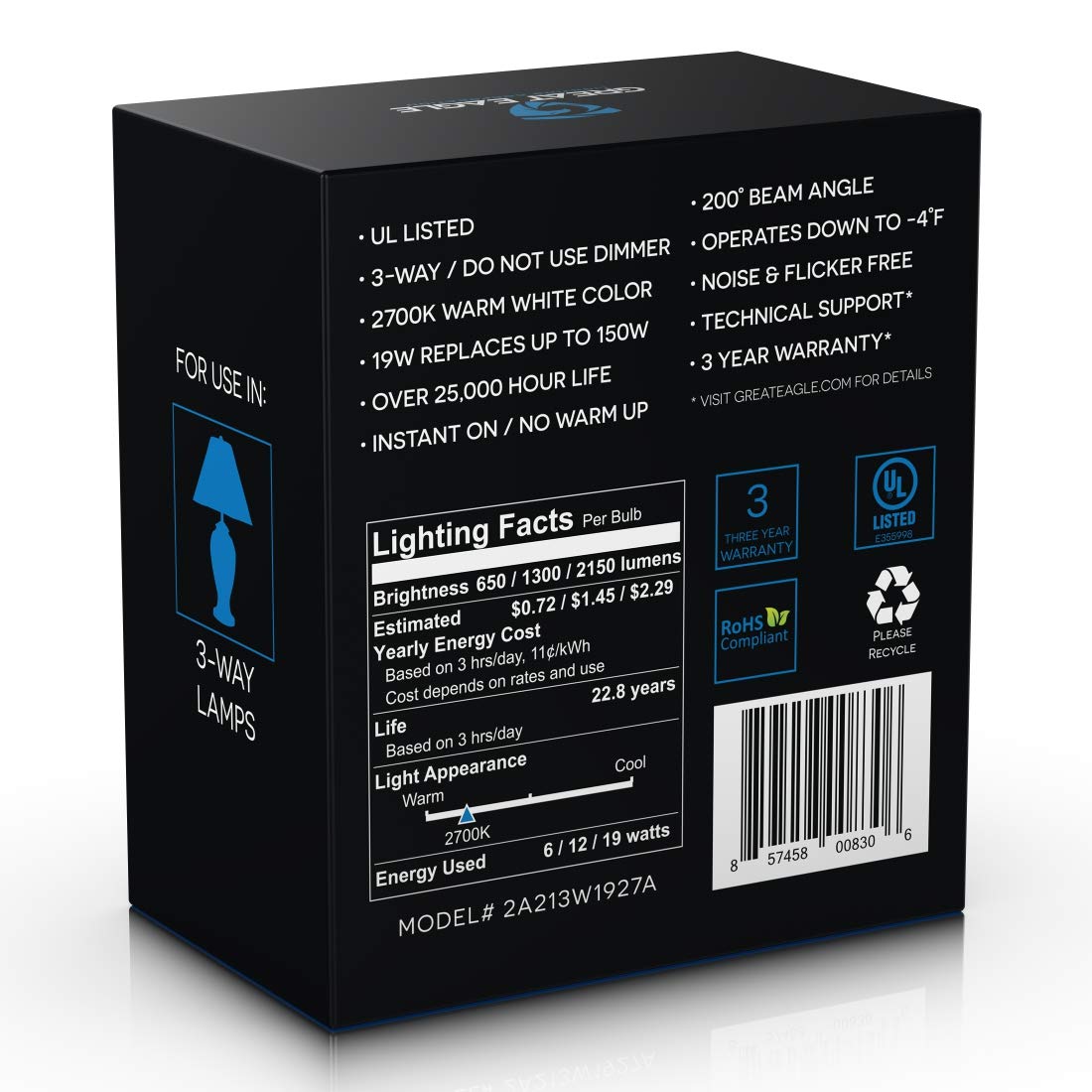 Great Eagle 50/100/150W Equivalent 3-Way A21 Led Light Bulb 2700K Warm White Color (2-Pack)