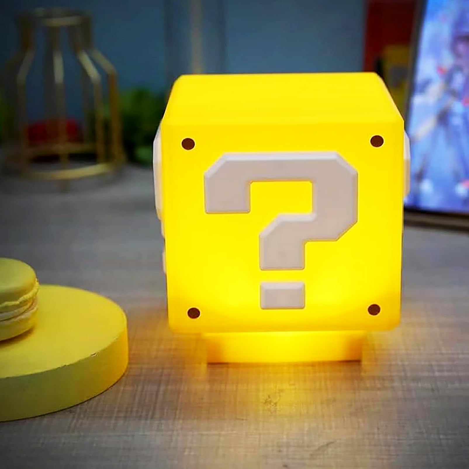 Rehenbsem Super Bro Question Block Night Light,Question Mark Block Decorate Table Lamp with USB Power Cable, Yellow LED Night La