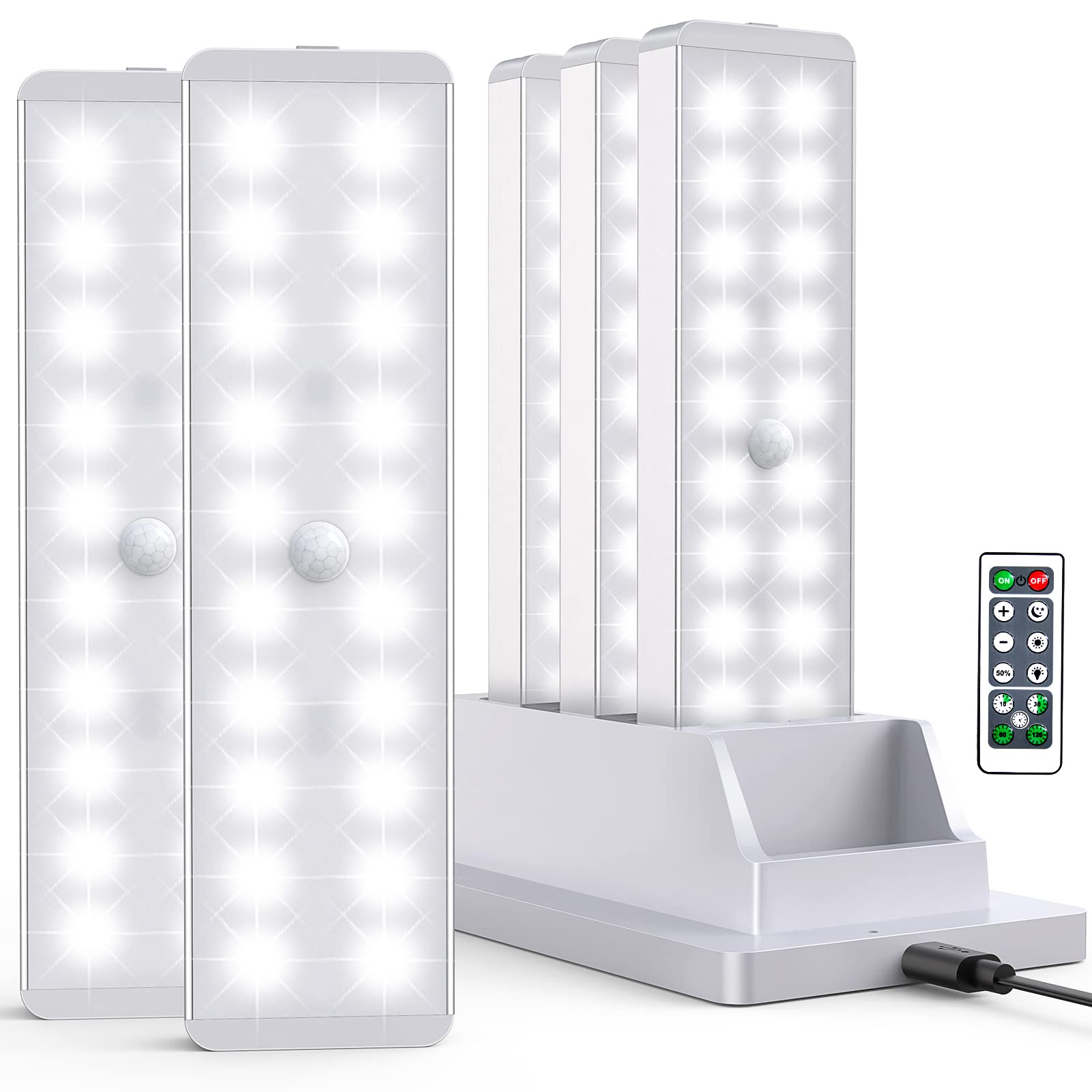 Led Closet Light With Charging Station, 20Leds Dimmer Rechargeable Motion Sensor Under Cabinet Lighting With Remote Control, Wir