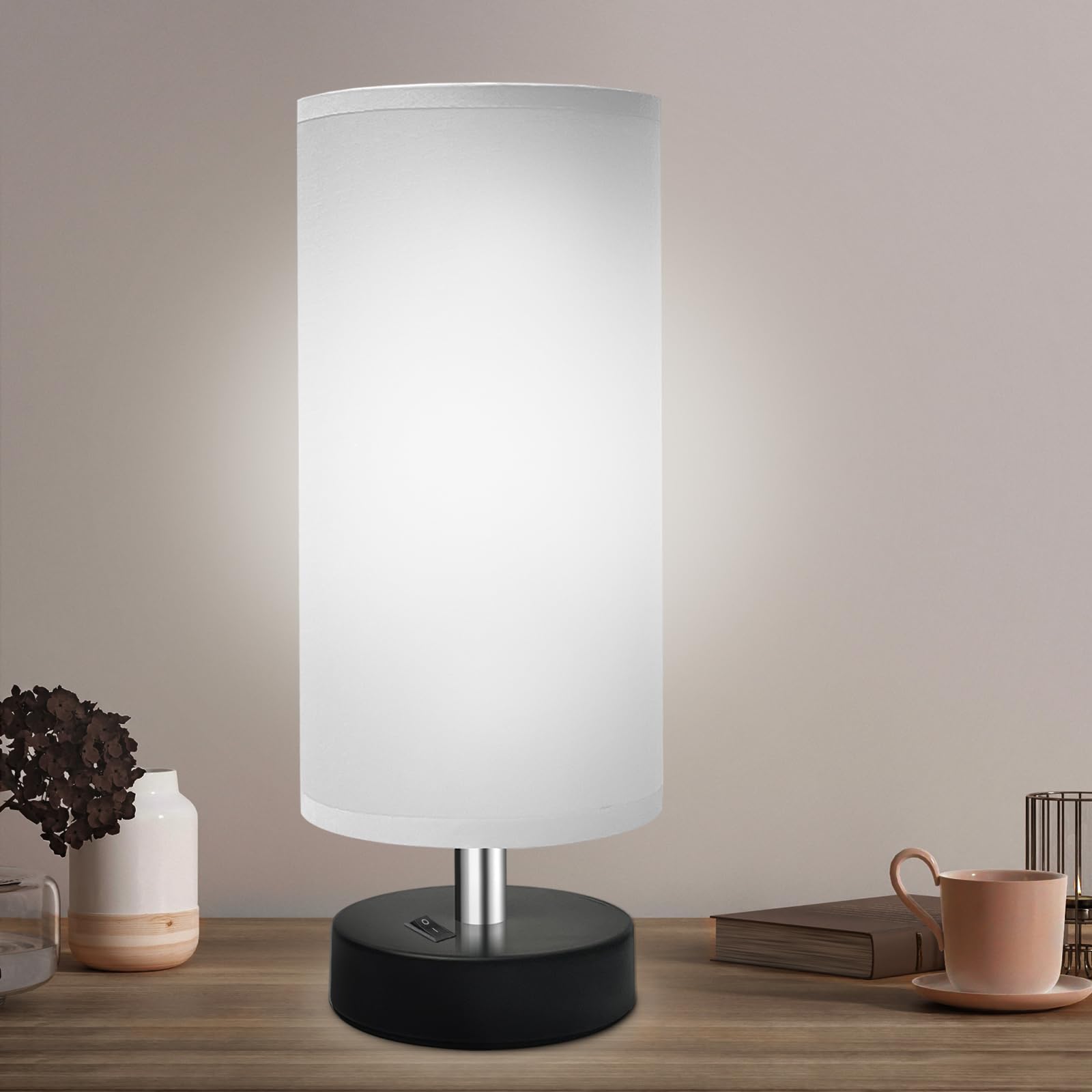 DEGNJU Small Lamp for Bedroom, Bedside Lamps for Night Stands, Mini Minimalist Table Lamp with Round Gray Fabric Shade, 11.4 Inc