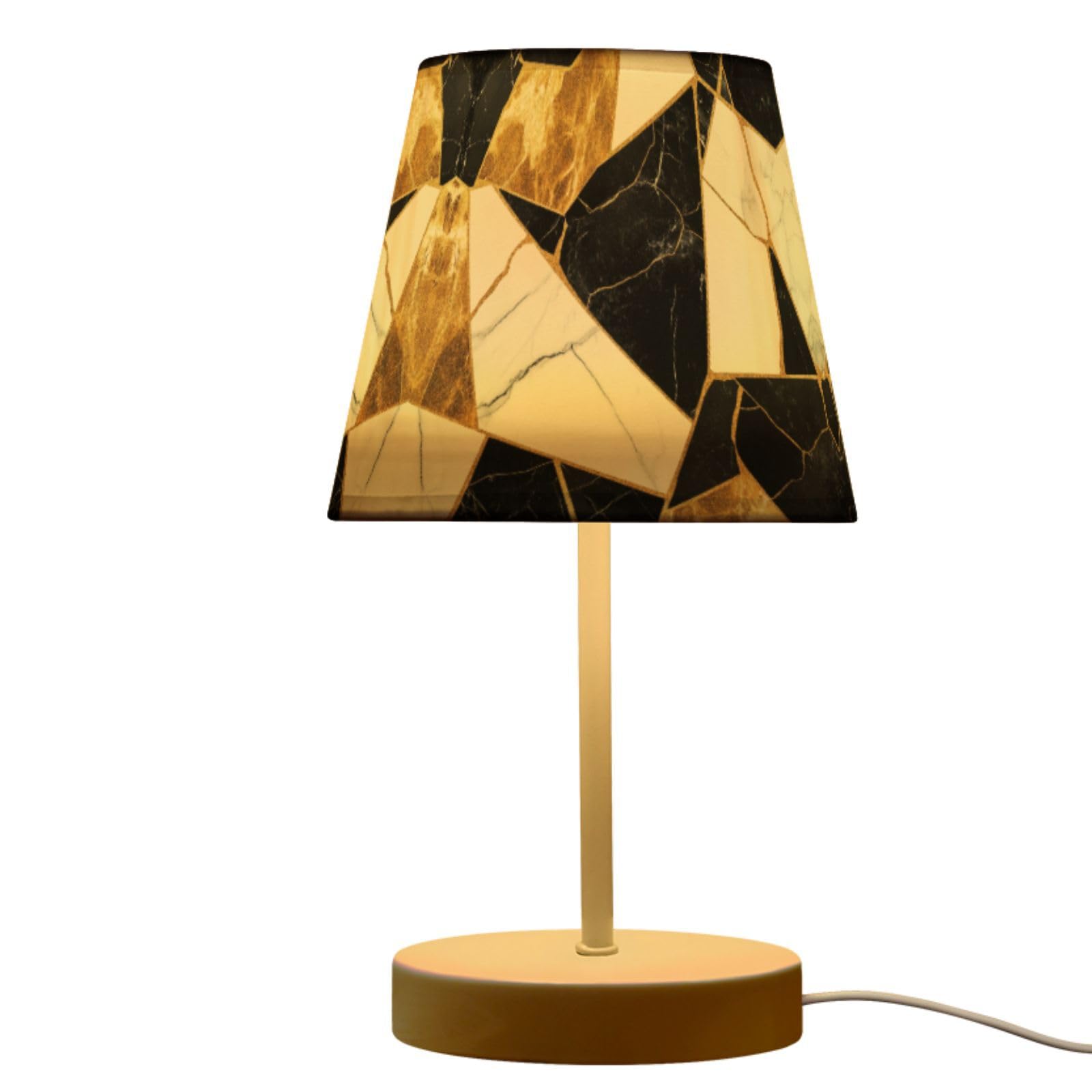 Peystean Modern 3 Colors Dimmable LED Table Lamp, Irregular Checks Black White Golden Marble 10.8 High Linen Bedside Nightstand 