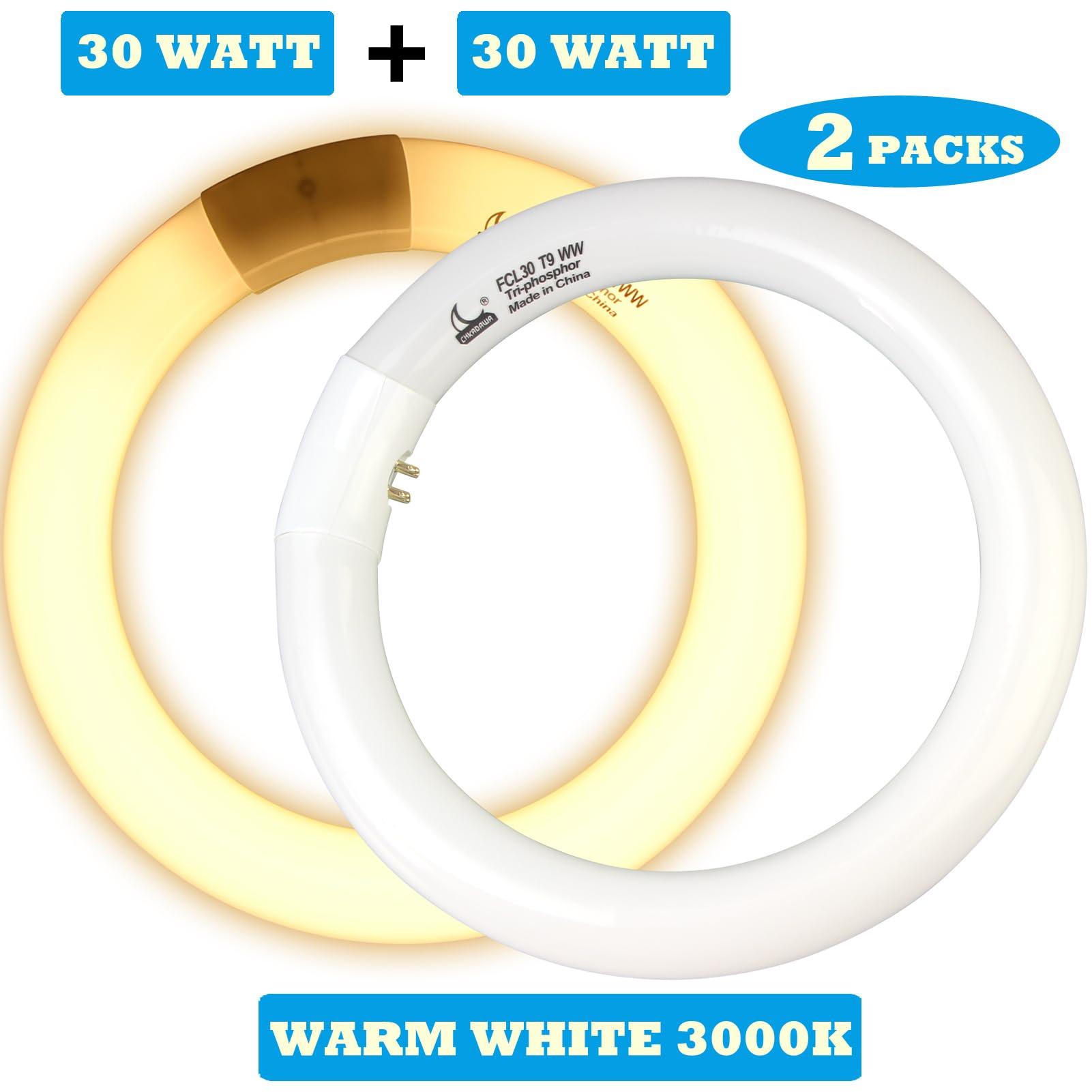 Chkadawa Fcl30/30K Circular Fluorescent Light Bulbs T9 9 Inch 30 Watts, Round Fcl30Ex-L 27K Circline Light Bulb Fc9T9/Kb 30W 830 3000K, 32030 Ww Warm White, G10Q 4 Pin Base, 2 Pack