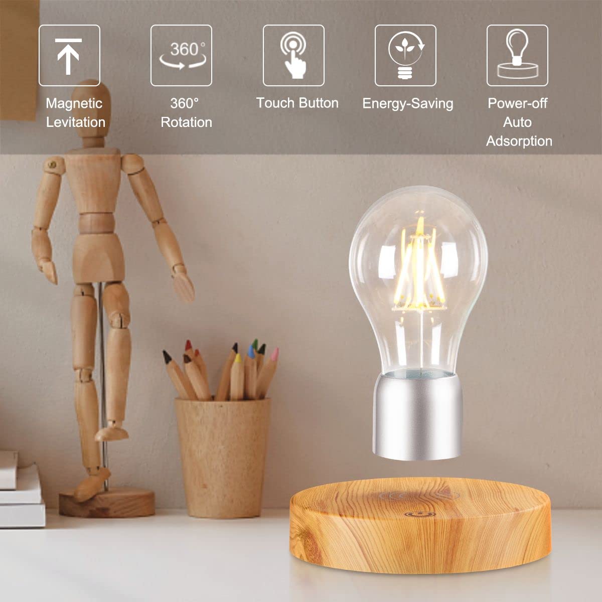 VGAzer Magnetic Levitating LED Light Bulb Desk Lamp, Round Wooden Base, Yellow, Unique Home Office Decor