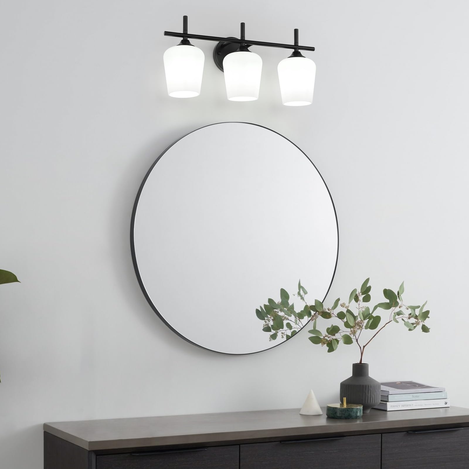 foucasal 3-Light Bathroom Vanity Light Fixture, Modern Black Metal with Milky Glass Shade
