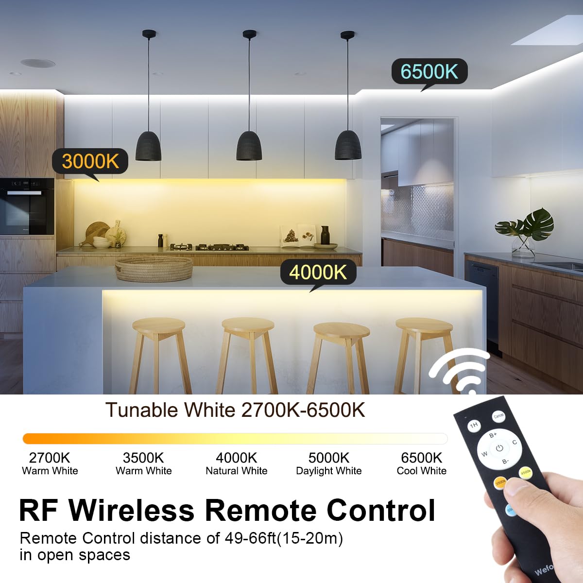 Wefomey 100ft Dimmable LED Strip Lights, 2700K-6500K Tunable White, 1440 LEDs, Remote & App Control, Flexible Tape for Home Déc