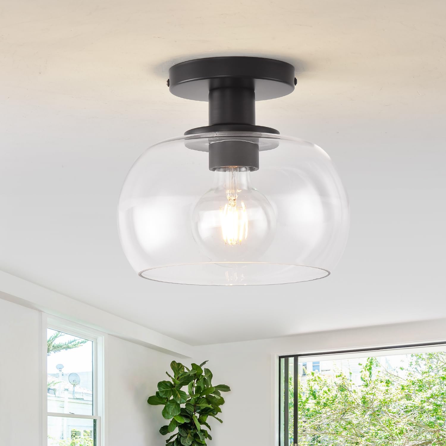Klss Black Flush Mount Ceiling Light Fixture,Modern Farmhouse Ceiling Light Above Sink Kitchen Closet 8.7In Clear Glass Shade