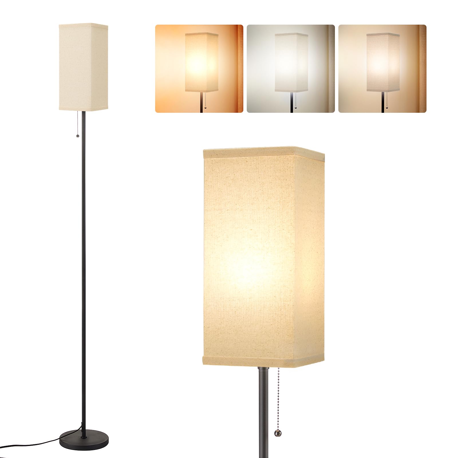 Ziisee Beige Floor Lamps for Living Room - 3 Color Temperature Black Standing Lamps with Pull Chain Switch, Modern Tall Lamp for