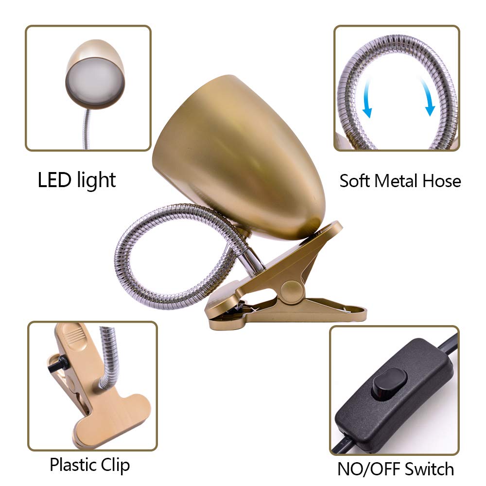 Energetic Clip on Lamp - 3.5W Flexible Gooseneck Light, 4000K Cool White, Eye Protection, Gold, Model MTL1001BJG