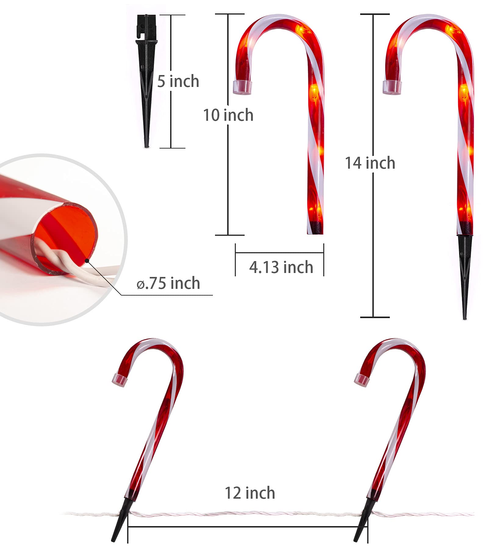 Candy Cane Lights - Set Of 10 Outdoor Pathway Christmas Decorations, 10 Inch Lighted Candy Canes