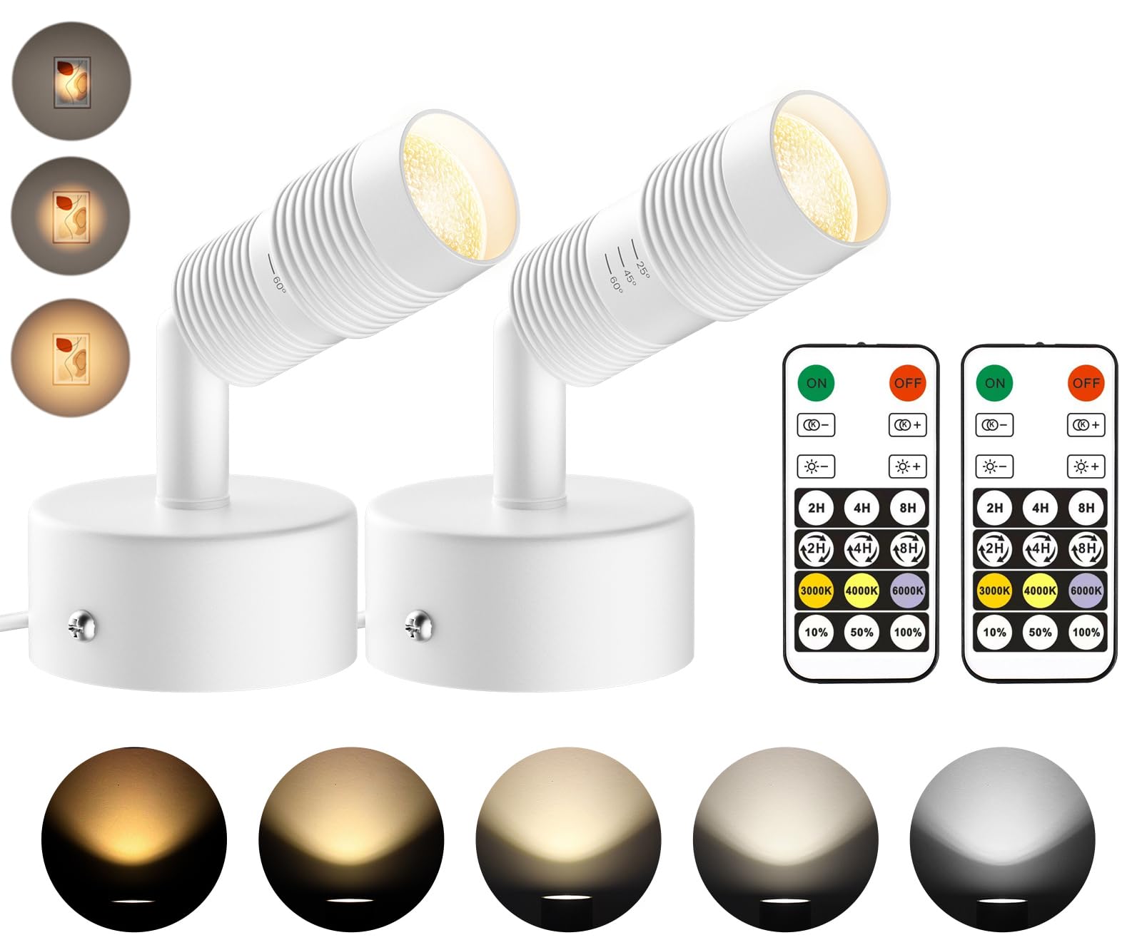 Tuyubee Muti-Color Zoomable Led Spot Lights Indoor Uplighting With Remote & Timer  5W Up Lights Indoor Dimmable Plant Spotlight Uplights Accent Lighting  Floor Spotlight Lamp 2 Pack White