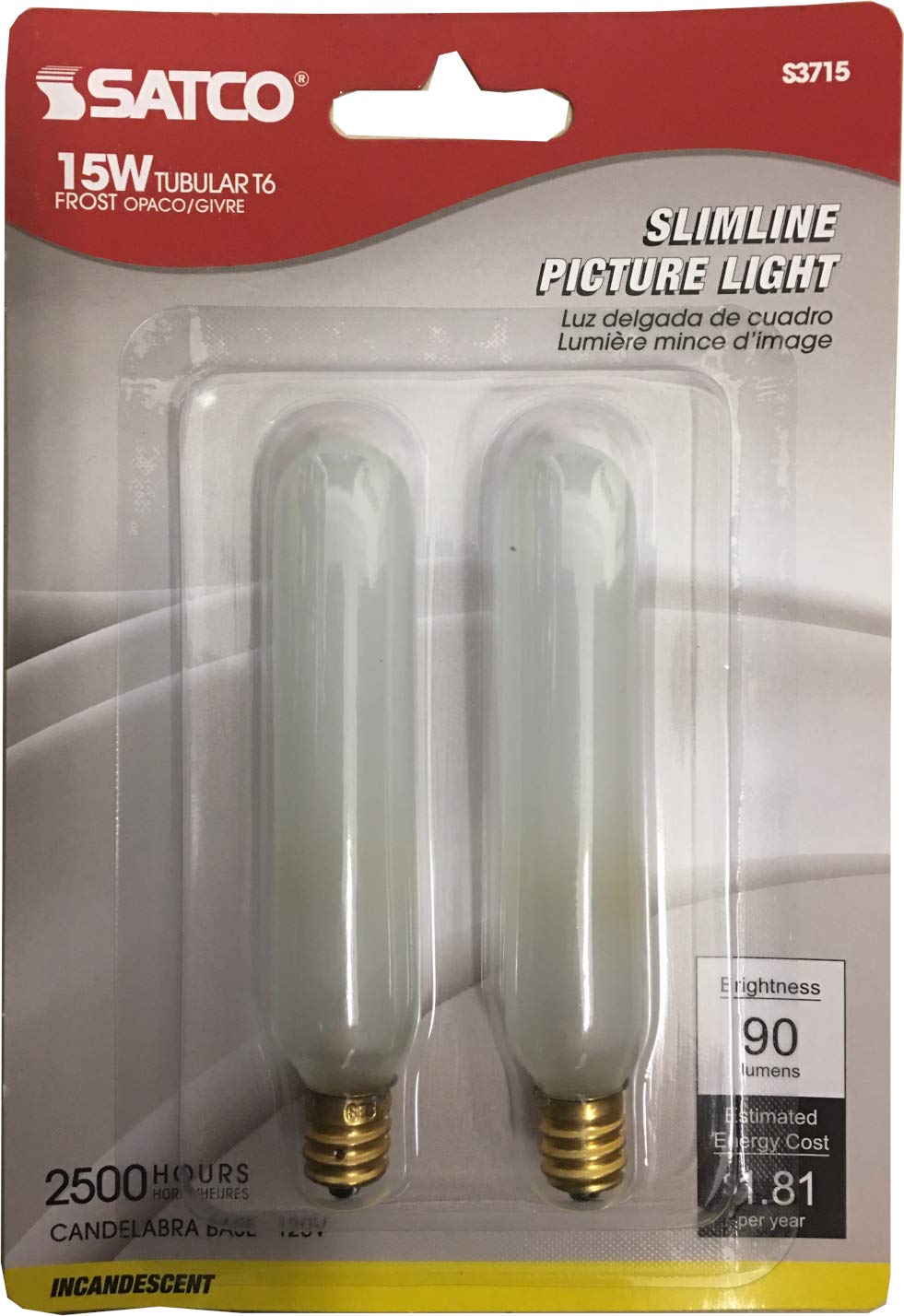 Satco Tubular Incandescent Light Bulb, Frosted Finish, 15W, 120V, E12 Base, Pack of 2