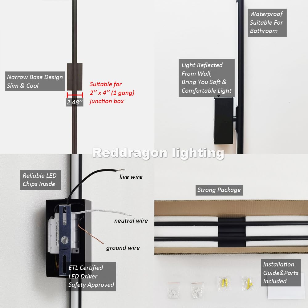 Reddragon Lighting LED Wall Sconce Set of 2, Dimmable Black, 40 Inch Hardwired Iron Vanity Light for Living Room, Bathroom, Bedroom