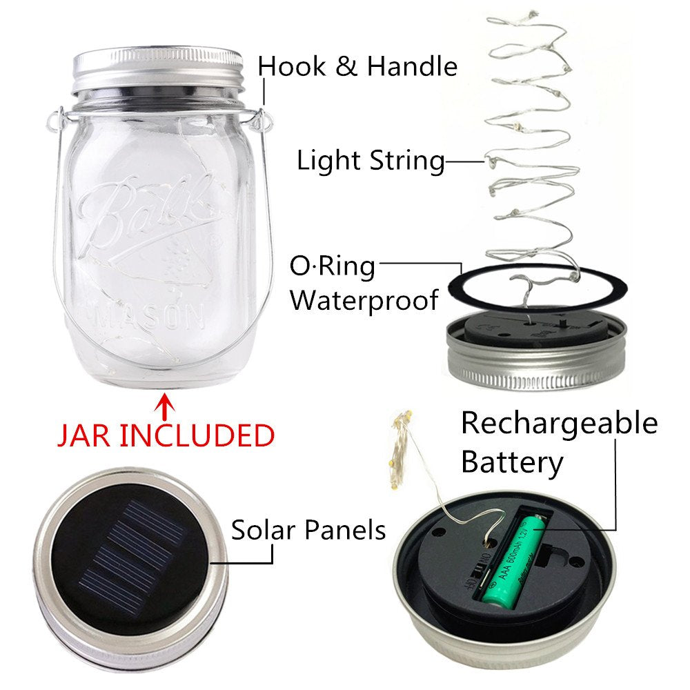 CHBJDAN Solar-Powered Mason Jar Lights, 4 Pack with Handles, Warm White, Model 43349-4067, Outdoor Hanging Lanterns