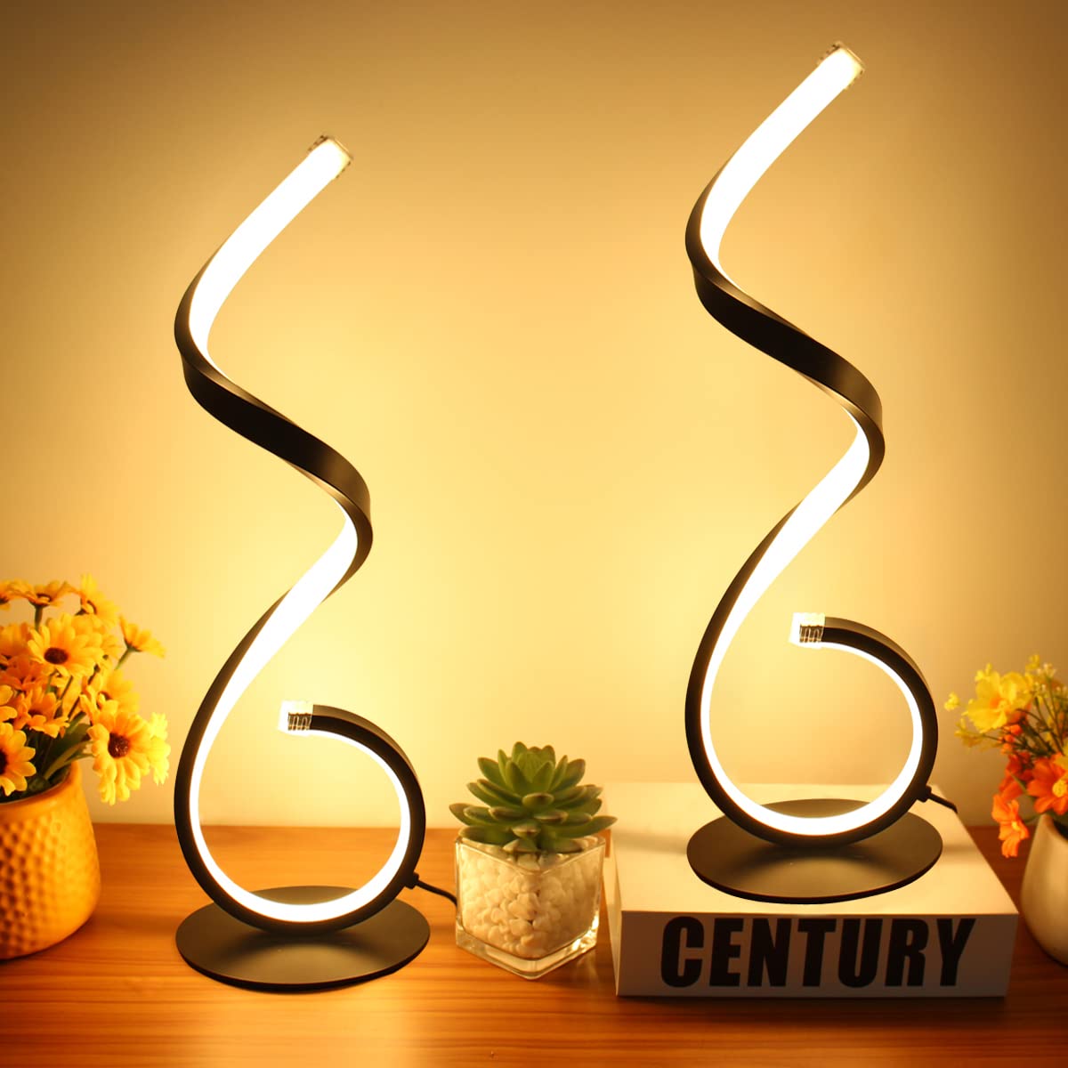 BESKETIE Modern Spiral Table Lamps Set of 2, 10W Bedside Table Lamps for Living Room, Dimmable 3 Color Modes 10 Brightness Level