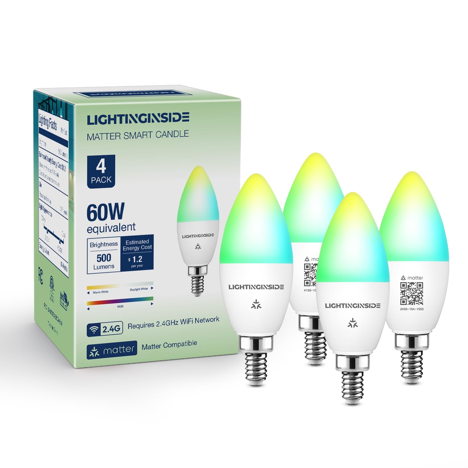 Lightinginside Matter Candelabra Smart Light Bulbs 60W Equivalent, Candle E12 Led Bulb Compatible With Alexa/Siri/Apple Home/Goo