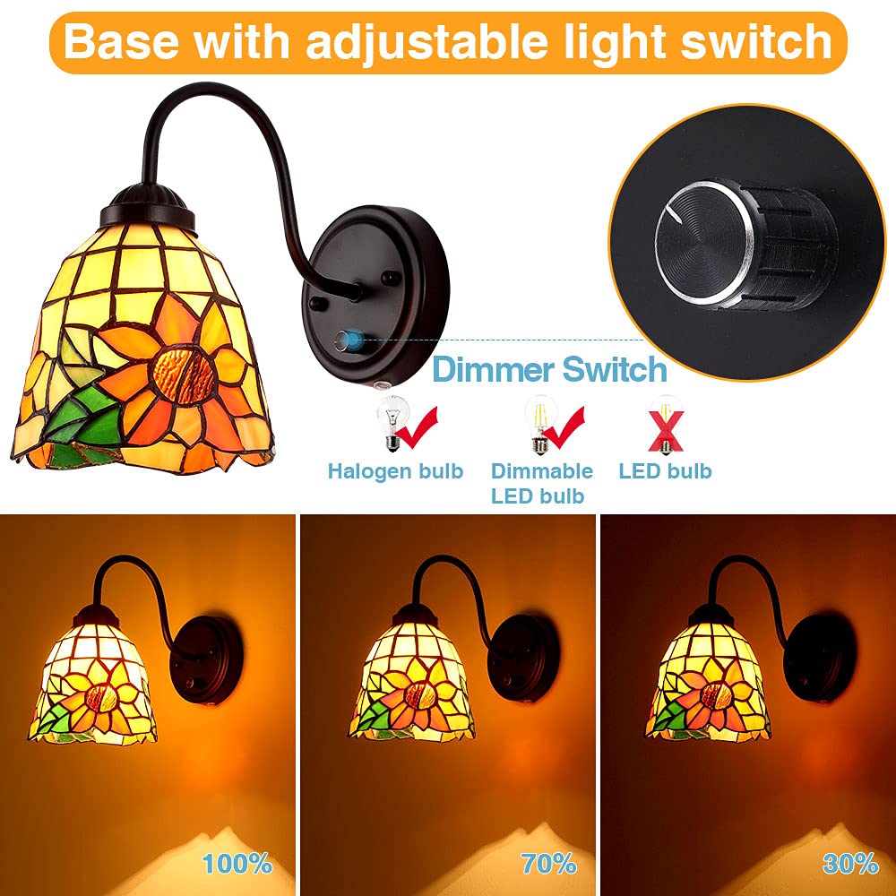 DENGMALL Tiffany Wall Mount Lamp - Dimmable Gooseneck Sconce with Flowers Stained Glass Shade for Bedroom & Living Room