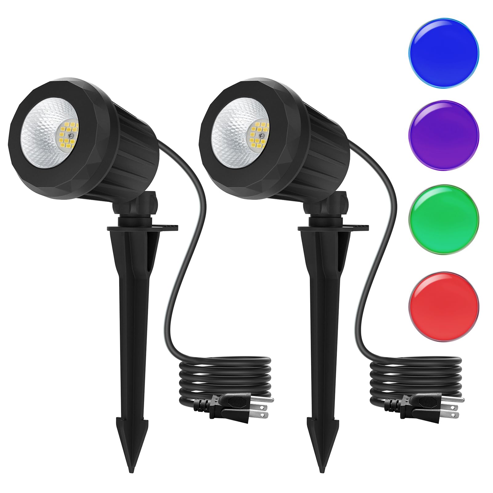 Holeva Halloween & Christmas Outdoor Spotlight  6500K Cool White Led Landscape Lighting With Rgbp 4 Multicolor Lenses  Ip67 Waterproof  120V Plug-In For Yard  Garden Tree Holiday Decor(2 Pack  Black)