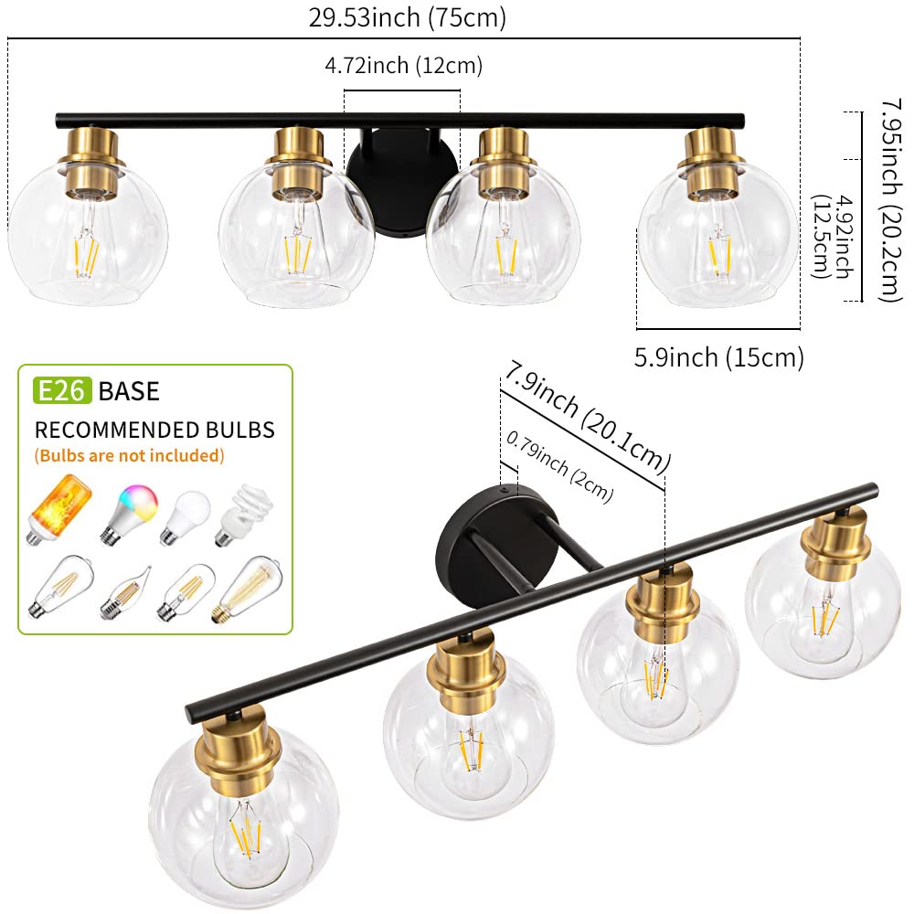 Lanmate Bathroom Vanity Light Fixture 4-Light Over Mirror 29.5in Metal Black and Gold Clear Glass Shade