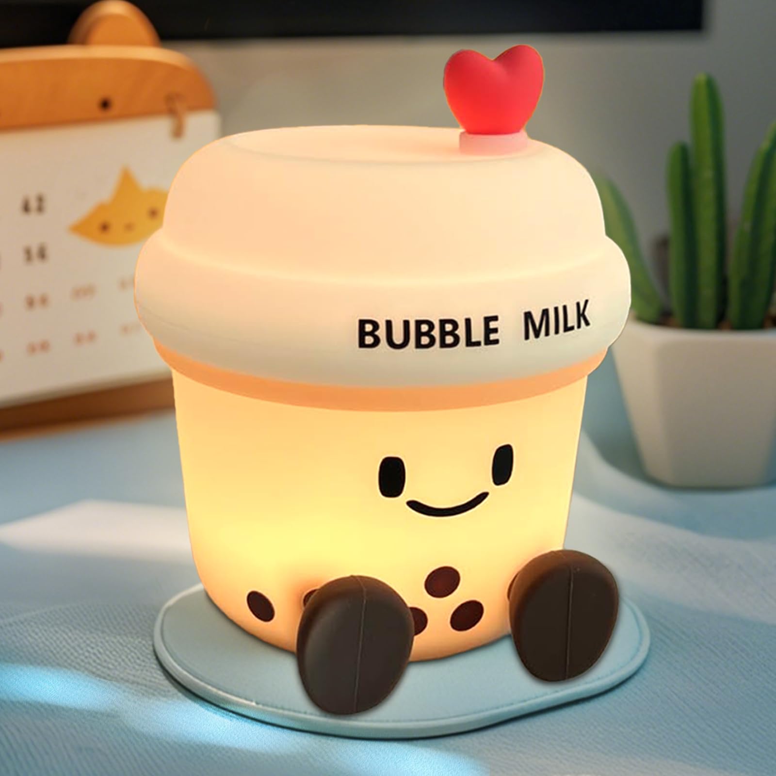 Cute Loving Bubble Milk Cup Night Light, 3-Level Dimmable Soft Light, Timed, Rechargeable, Silicone Bedside Touch Lamp, Creates 