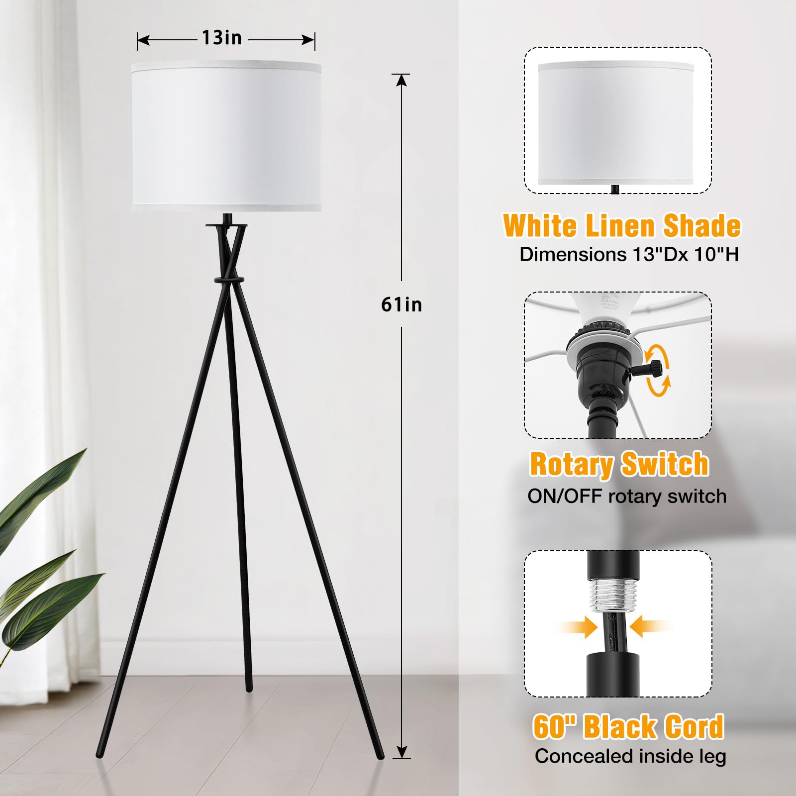 Luvkczc Tripod Floor Lamp, 61” Modern Design, Black Metal with White Shade, Model 1FL-054A