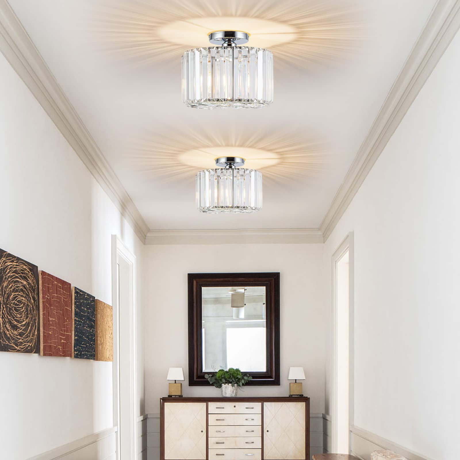 Hopggie 10.6'' Semi Flush Mount Ceiling Light Mini Small Crystal Chandeliers Modern Hallway Light Fixtures Ceiling Flush Mount C