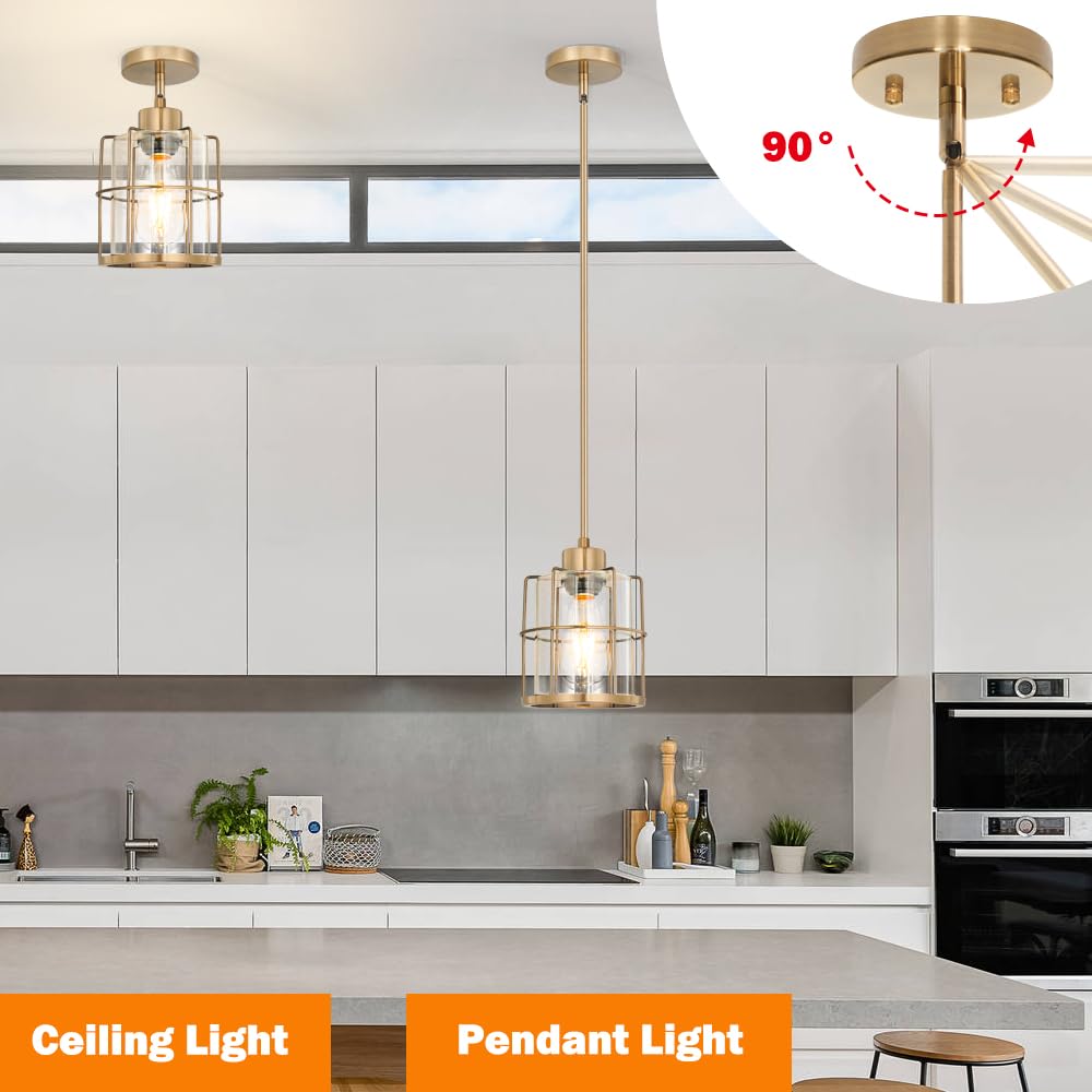 Modern Brass Pendant Light Kitchen Island Set Of 2  Farmhouse Gold Pendant Light With Clear Cylinder Glass  Adjustable Rod Bathroom Pandand Light Over Sink  Small Hanging Lighting For Home Decor  E26
