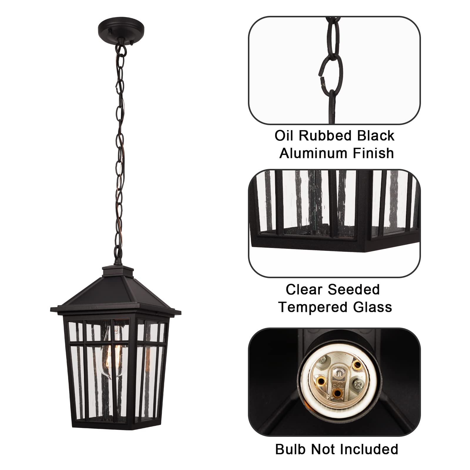 Darkaway Outdoor Pendant Light Fixture, 16in Aluminum, Anti-Rust, Waterproof, Black, Large, Model 6X16H-M BK