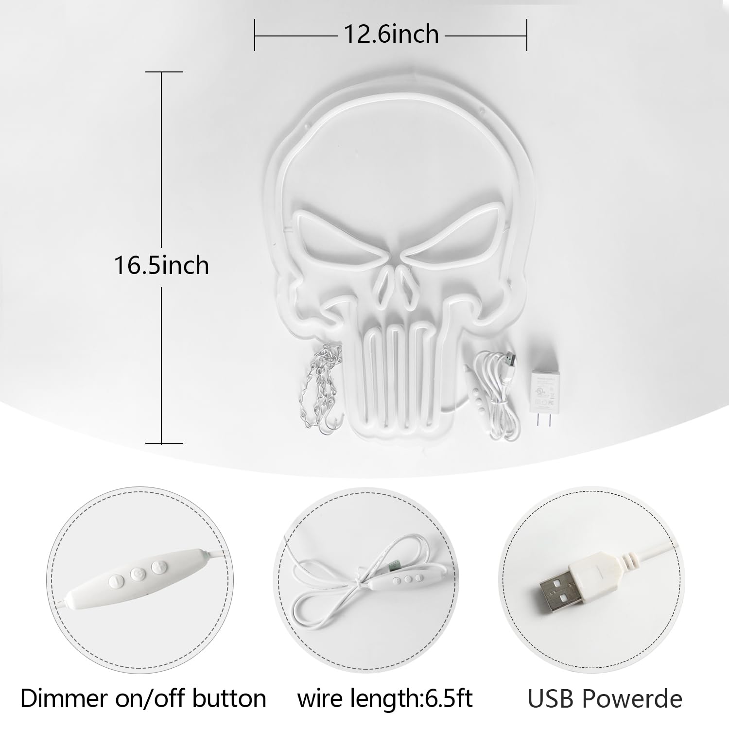 JFLLamp Skull Punisher Neon Sign - 16.5x12.6in USB Wall Decor for Bedroom, Man Cave, Bar - White Punisher Logo Light