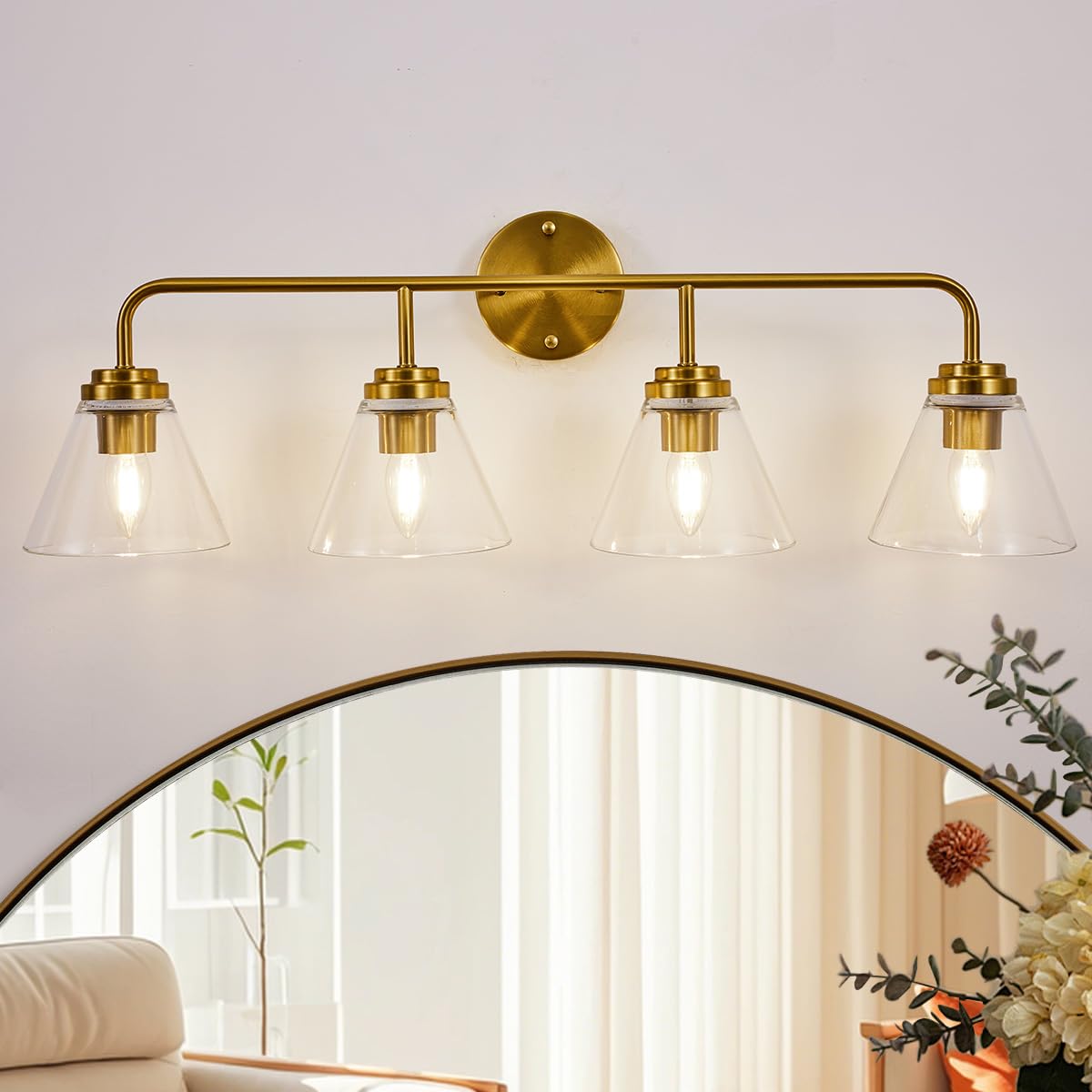 ANDY STAR Vanity Lights for Bathroom 4 Light - Brushed Gold Bathroom Light Fixtures with Clear Cone-Shaped Glass, Brass Modern G