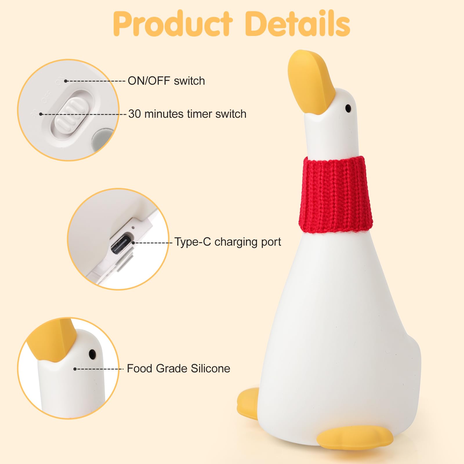 LED Duck Night Light for Baby Nursery, Toddler Fun Dream Duck Light Silicone Squishy Lamp, Rechargeable Bedside Touch Lamp, Chri