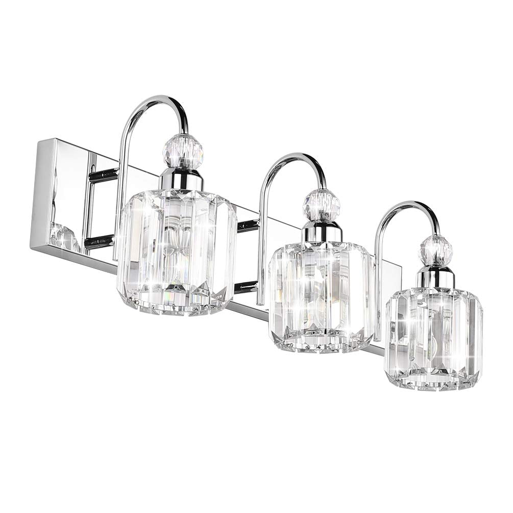 Ralbay Modern LED Crystal Bathroom Vanity Lights 3-Light Stainless Steel Fixture Round-Chrome Model 8600