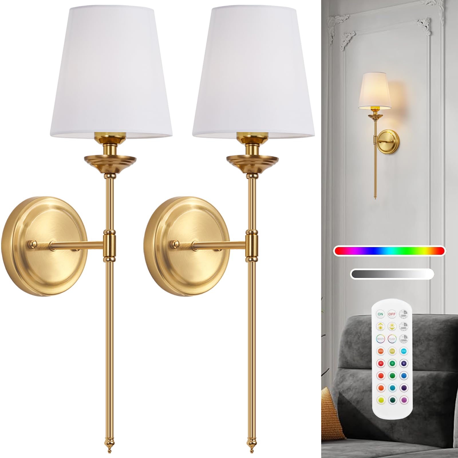 Femusytt Battery Operated Wall Sconces Set Of 2, Rechargeable Cordless Wall Light With Remote And Fabric Shade, 10 Colors Modes