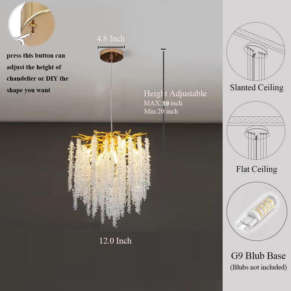 Puvaue Crystal Tree Branch Chandelier, Gold Round Raindrop Pendant Light, Dia 12", for Bedroom, Living Room, Dining Room, Entryway
