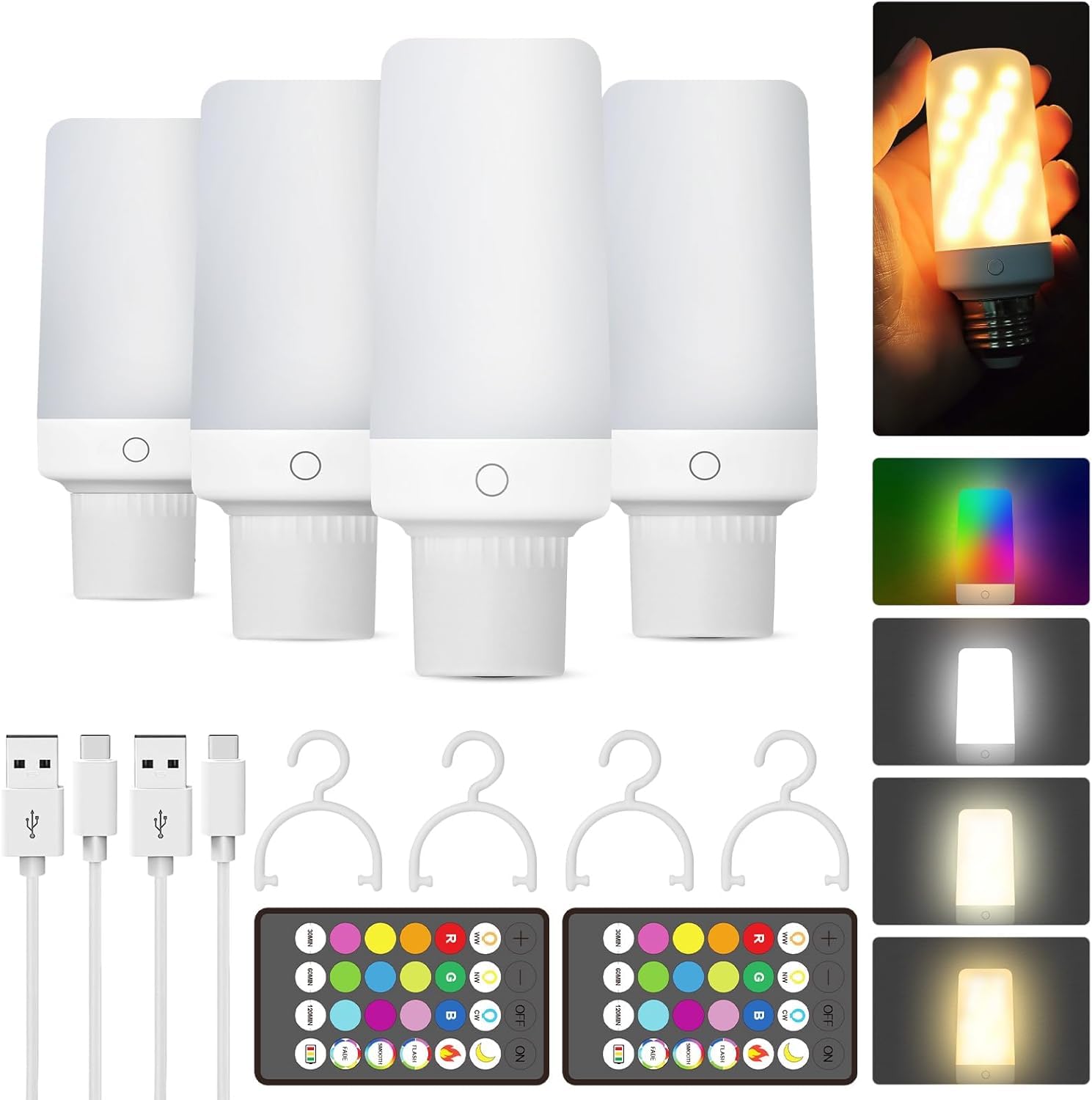 4PK Rechargeable Light Bulbs with Remote,Emergency Battery Operated Light Bulbs with Dual Recharging Ways, Tuned White and12 RGB