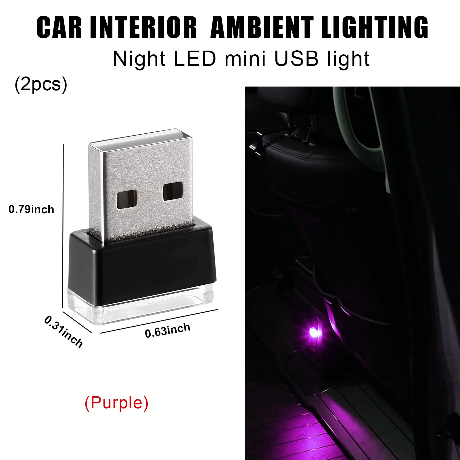 Sylvil 2 Pcs Usb Led Car Interior Atmosphere Lamp  Portable Mini Led Night Light  Plug-In Usb Interface Trunk Ambient Lighting Kit  Universal Interior Car Accessories (Purple)