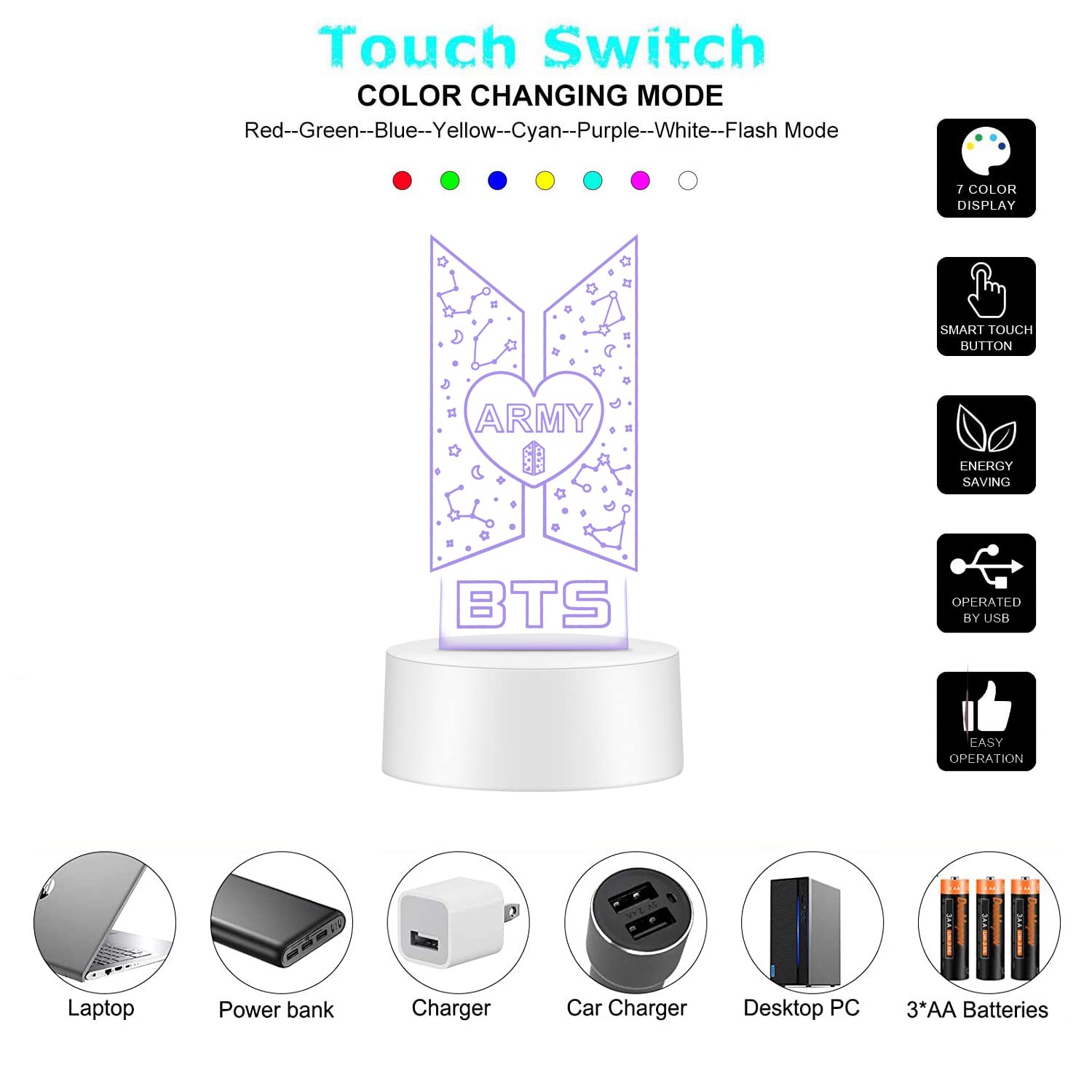 YANENG LED Night Light for Kpop Fans, Touch Adjustable, 7 Colors, Model BS-08110
