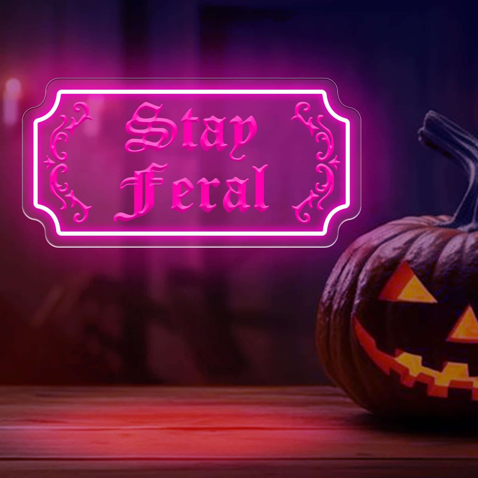 Stay Feral Neon Sign Gothic Decor Led Light Goth Lover Gift Halloween Decoration Bat Neon Sign Decor Ghost Spooky Wall Art  15.7X7.9  Pink