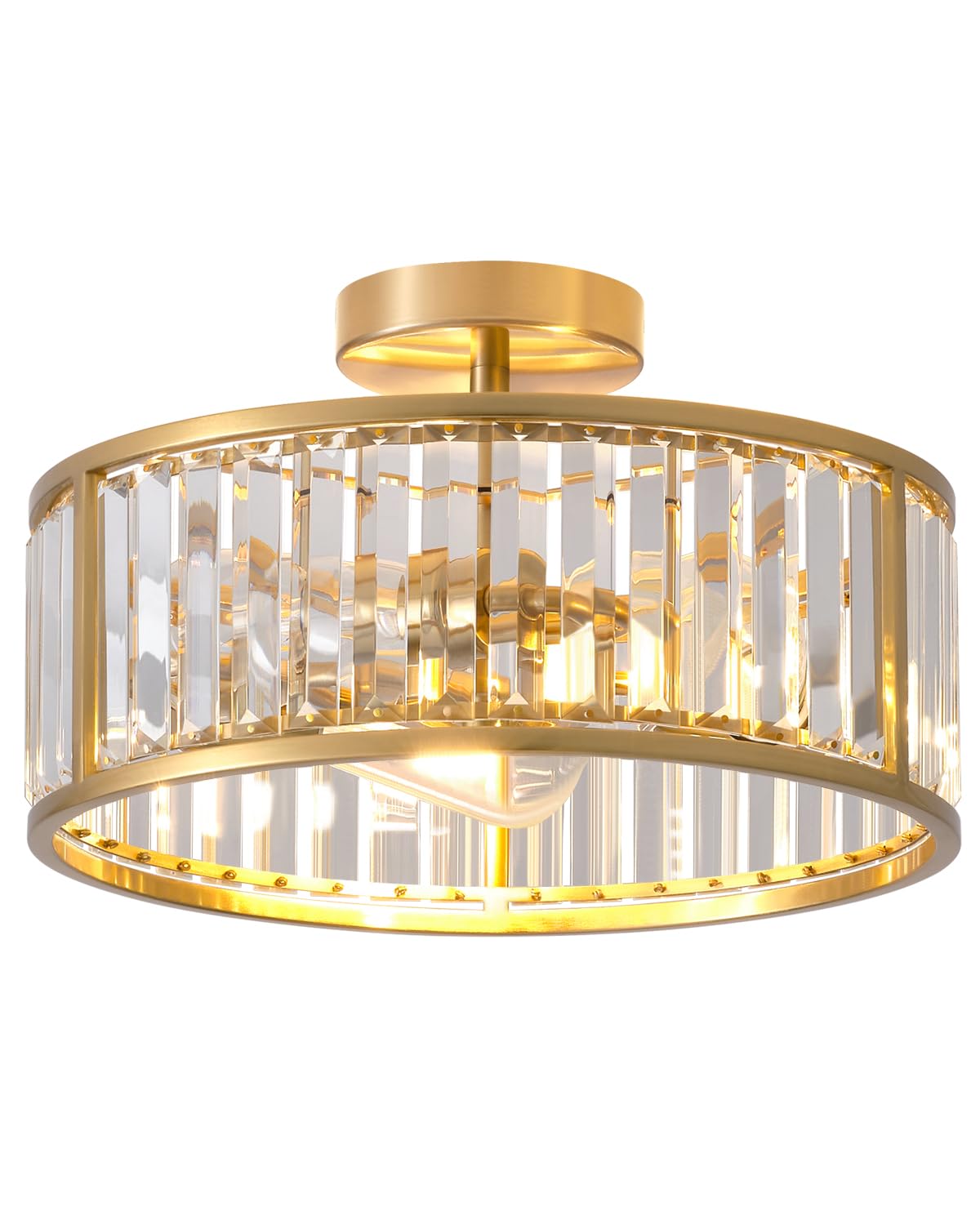 Lhlyclx 3-Light Caged Crystal Chandelier, Brass Gold Drum Ceiling Light, 14 Inch