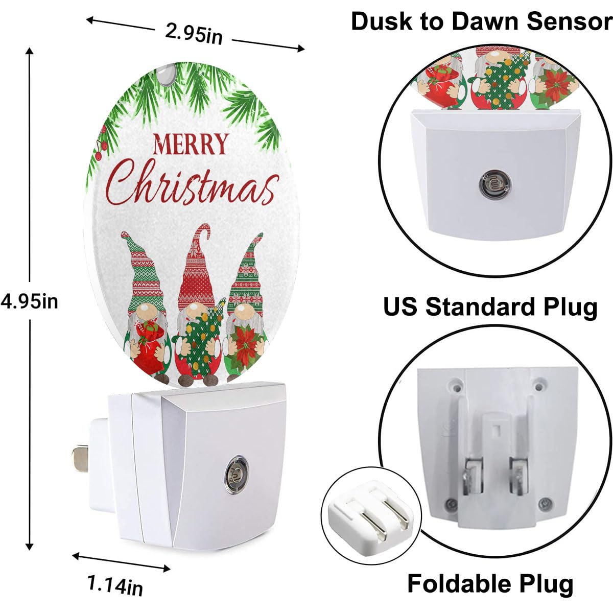 Uanvaha Plug In Christmas Gnomes Night Light Cute Winter Xmas Holiday Tree Buffalo Check Plaid Nightlights Auto On/Off Dusk To D