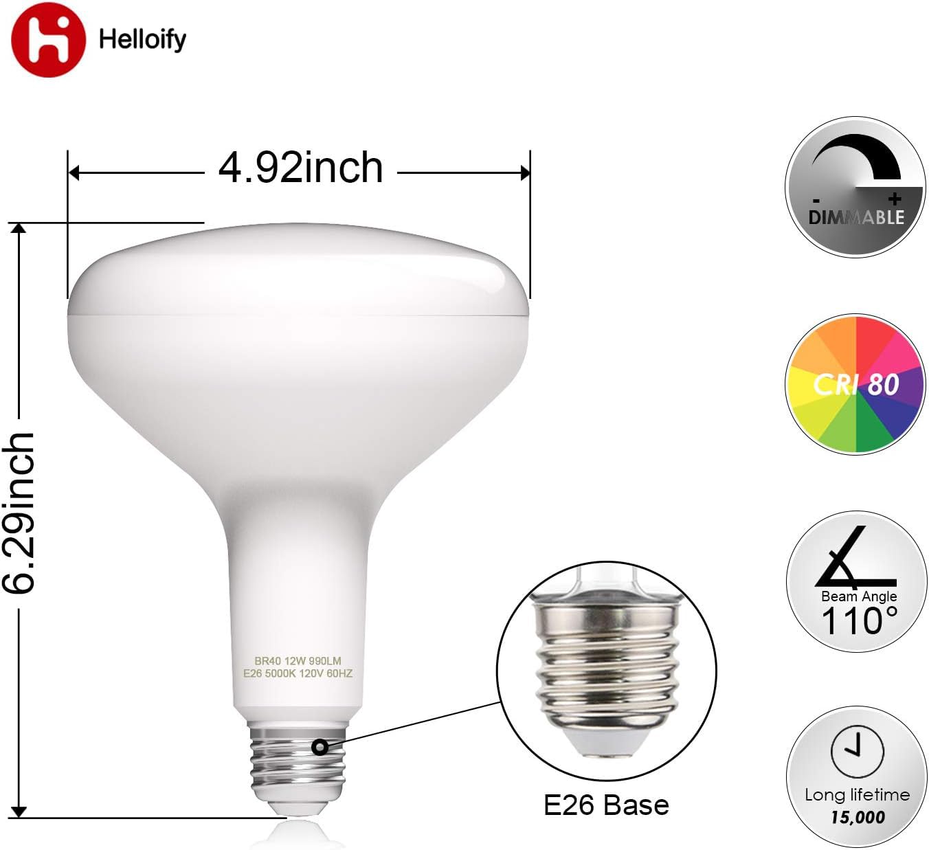 helloify Dimmable BR40 LED Flood Light Bulb 12W, 75W Equivalent, 2700K Soft White, E26 Base, 6 Pack