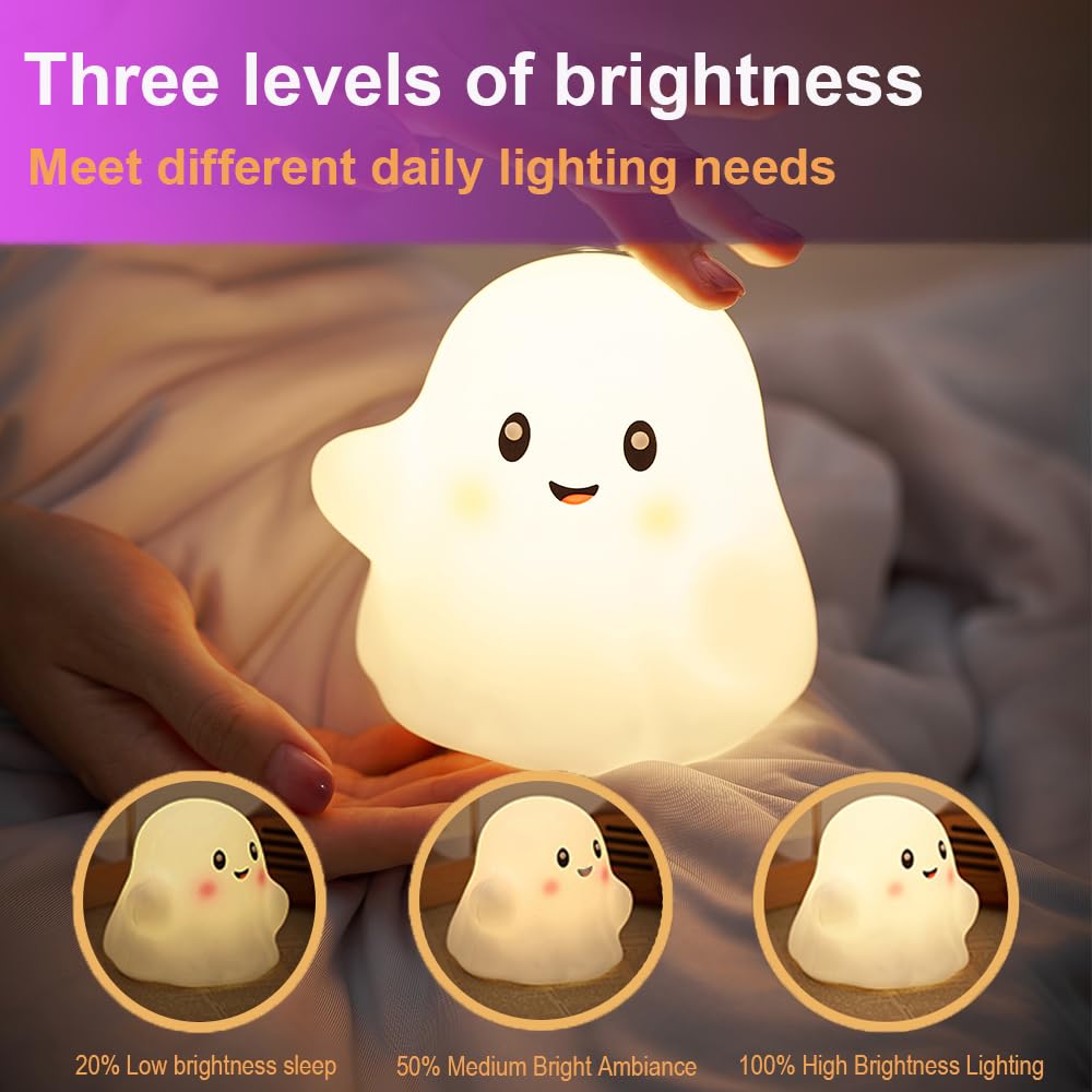 magical JD Ghost Night Light for Kids, Silicone, 13 Sound Effects, 3 Brightness Levels, White Ghost, Model A-6603